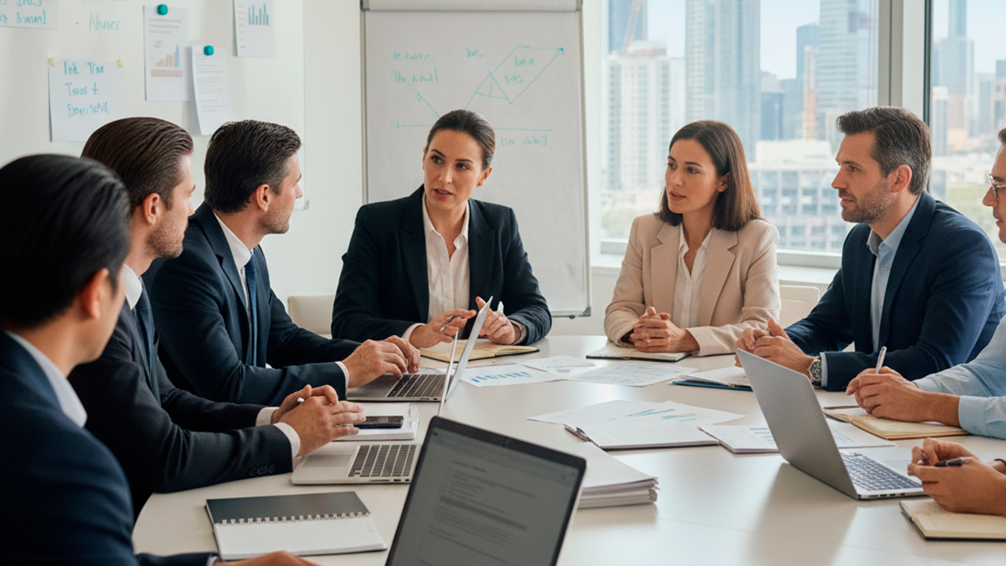 Team discussing in a meeting using English phrases