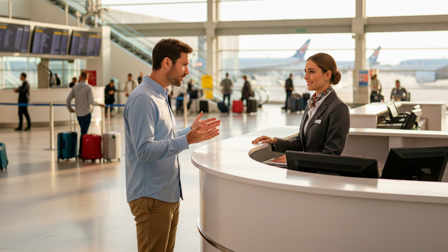 Traveler asking for help at the airport in English