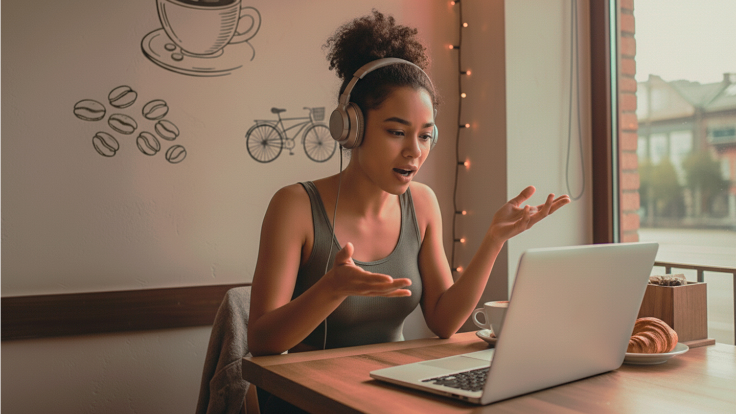 Language learner practicing speaking skills on a video call