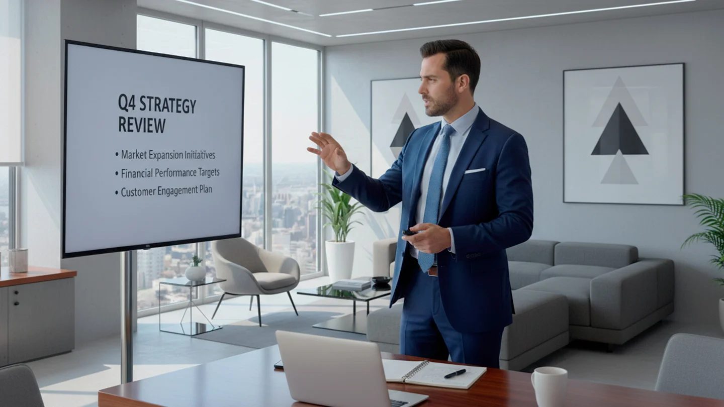 Employee practising English phrases for a business presentation